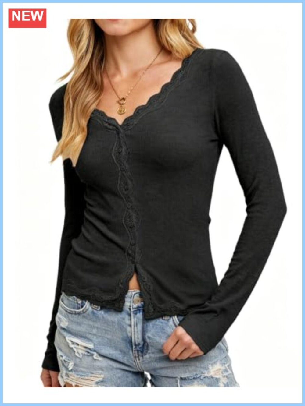 Lacozy Lightweight V Neck Button Cardigan Long Sleeve Lace Trim